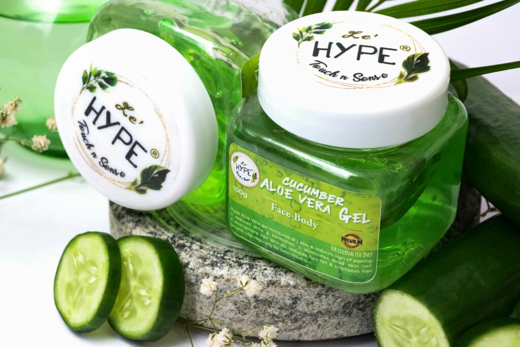 Refreshing cucumber aloe vera gel ideal for skincare, presented with fresh cucumber slices and green textures.